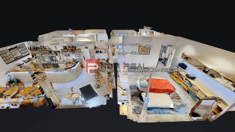 3D floor plan of commercial spaces with a bistro-bar and offices.