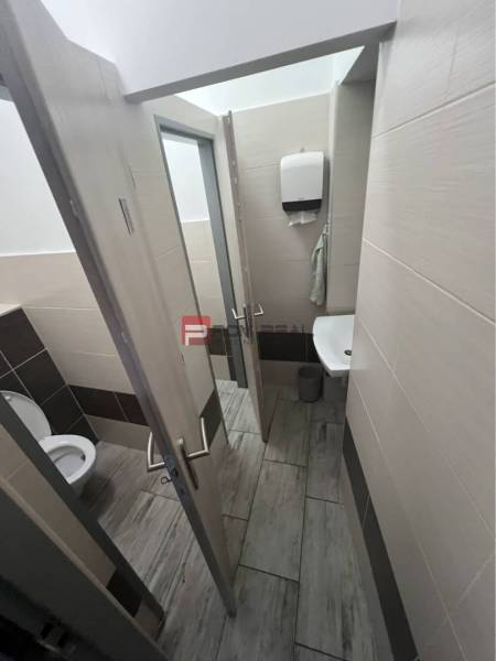 Restroom in commercial premises with a sink and a paper towel dispenser.