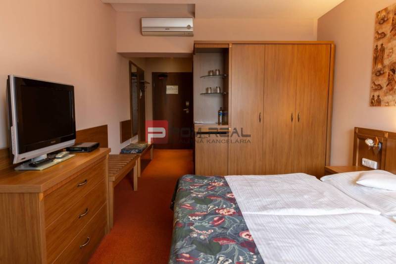 A room in a hotel or guesthouse with a television, wardrobe, and double bed.