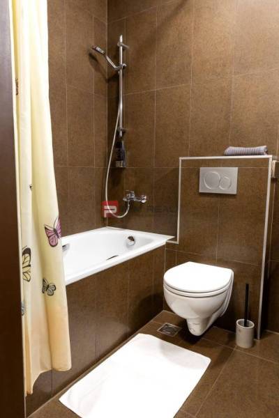 Bathroom with a bathtub, shower, and toilet. Hotels and guesthouses.