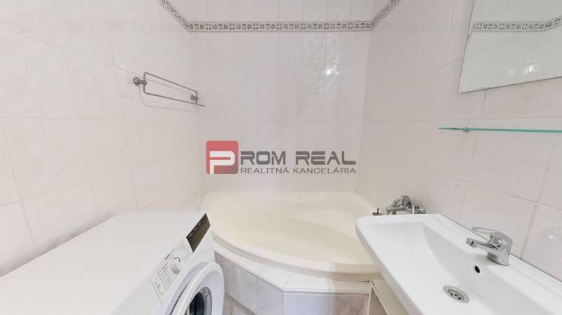 Bathroom with a shower, washing machine, and sink in a 4-room apartment.