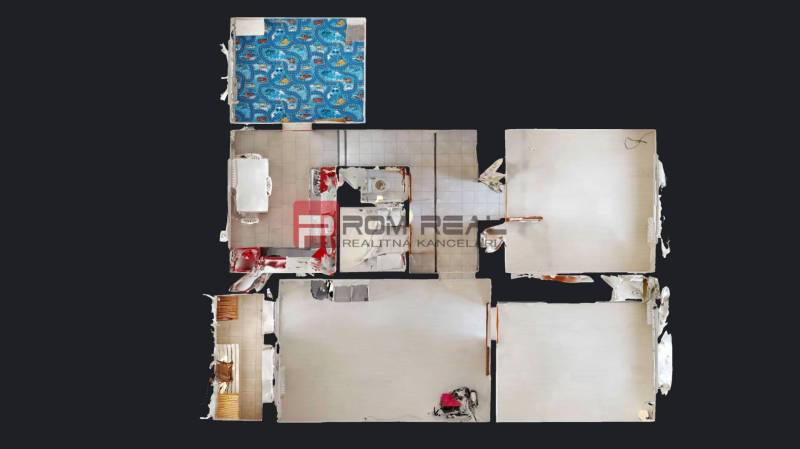 Floor plan of a 4-room apartment with distinct rooms and floor layout.