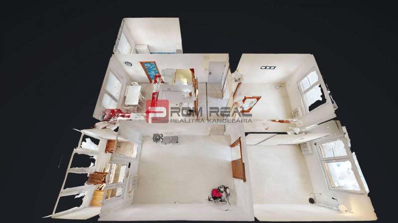 Floor plan of a 4-room apartment with the layout of rooms and white walls.