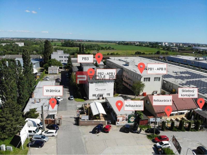 Area of warehouses and halls on Púchovská Street in Bratislava III with object markings.