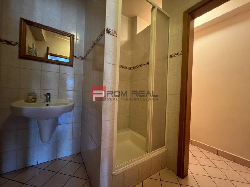 A bathroom in production facilities with a sink, mirror, and shower stall.