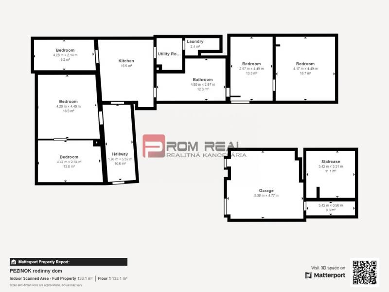 Floor plan of a family house with five bedrooms, a kitchen, a bathroom, and a garage.
