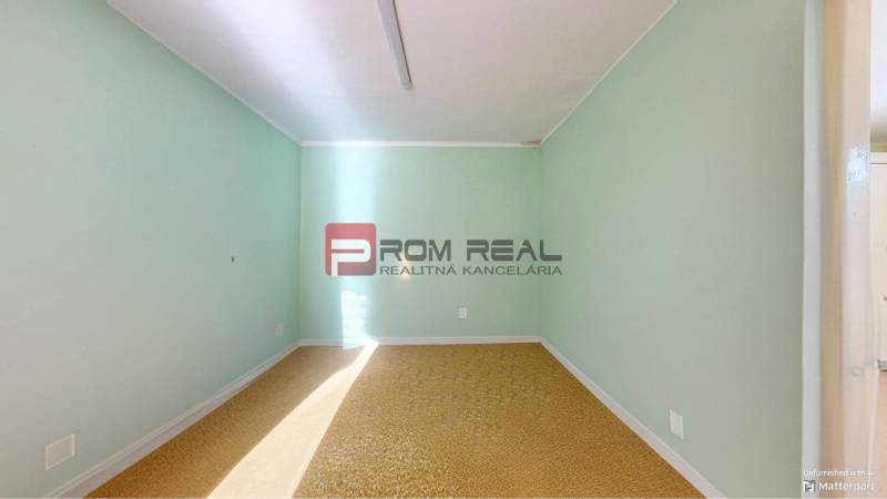A room in a family house with green walls and a brown carpet.