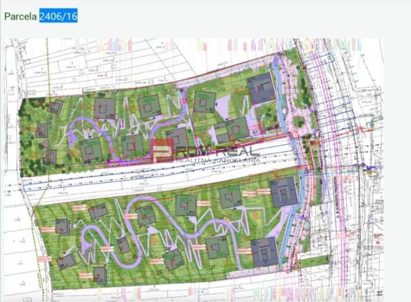 Street plan with gardens, houses, and parking, intended for construction purposes.