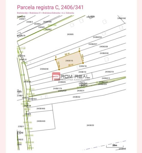 Map of the land in Bratislava-Dúbravka, with parcel numbers and a redrawn plot for gardens.