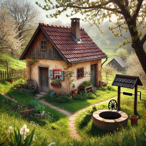 A magical family house in nature, surrounded by flowers, fruit trees, and a traditional well.