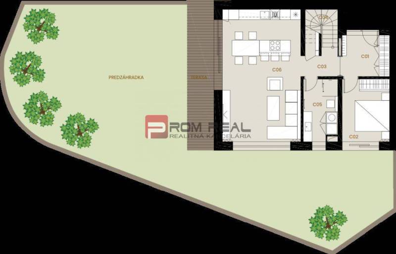 Floor plan of a family house with a garden and terrace on Bottova Street.