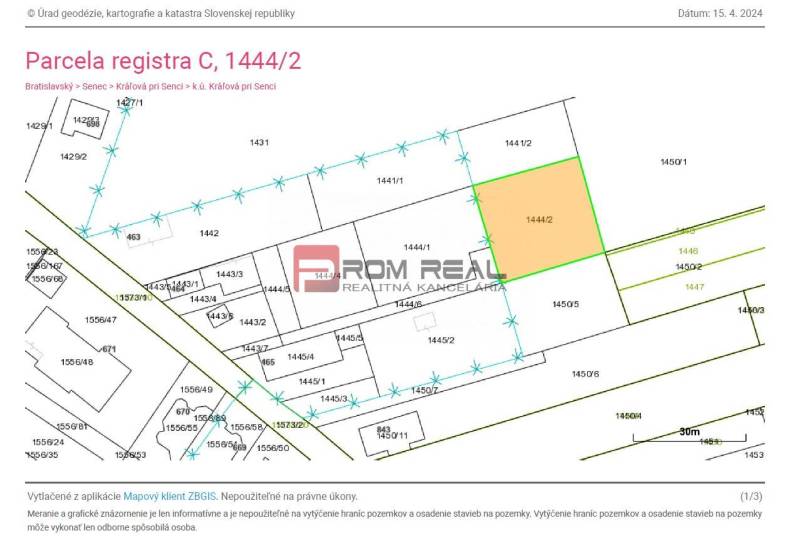 The cadastral map shows plot 1444/2 on Cintorínska Street 463 in the Záhrady area.