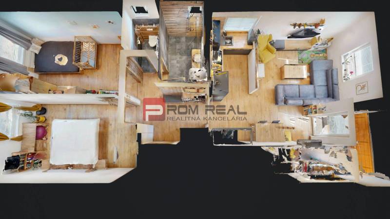 3-room apartment with wooden flooring, kitchen, and living room, suitable for a family.