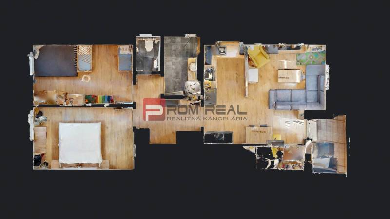 Floor plan of a 3-room apartment with furniture and room layout.
