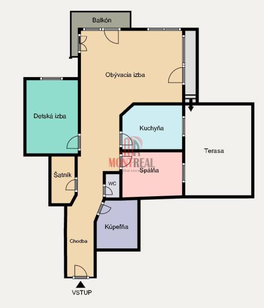 Floor plan of a 3-room apartment with a terrace and a balcony, includes a living room and a kitchen.