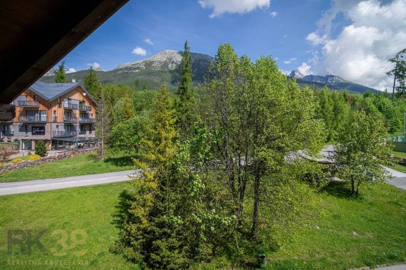 View from a holiday apartment in the High Tatras, with mountains and green trees.