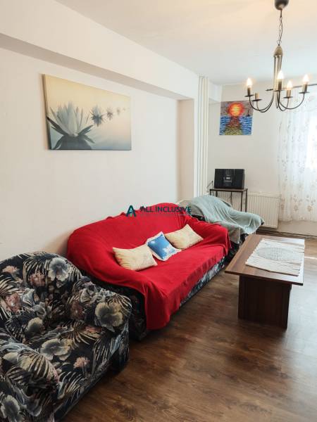 Living room in a 2-room apartment with a floral armchair, red sofa, and a table.