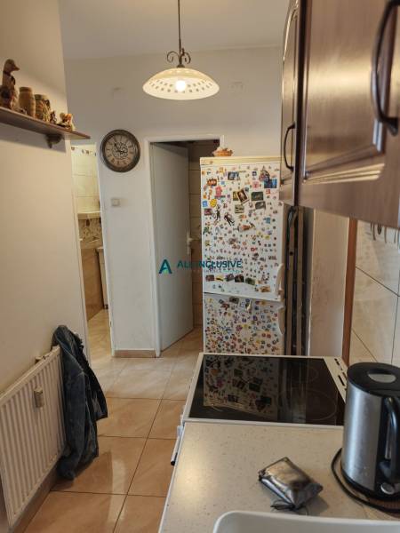 A kitchen in a 2-room apartment with a fridge full of magnets and a ceramic hob.