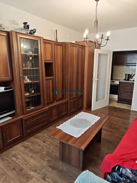 Living room with a wooden wall unit, chandelier, and table in a two-room apartment.
