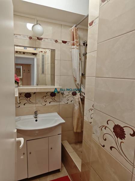 Bathroom in a 2-room apartment with a sink, mirror, and shower corner.