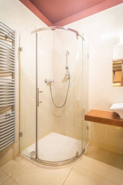 Shower corner and sink in the bathroom of the Holiday Apartment.