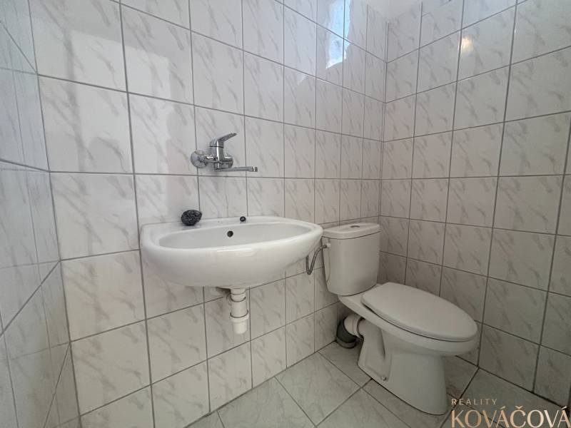 Bathroom spaces with white tiles, a sink, and a toilet in warehouses and halls.