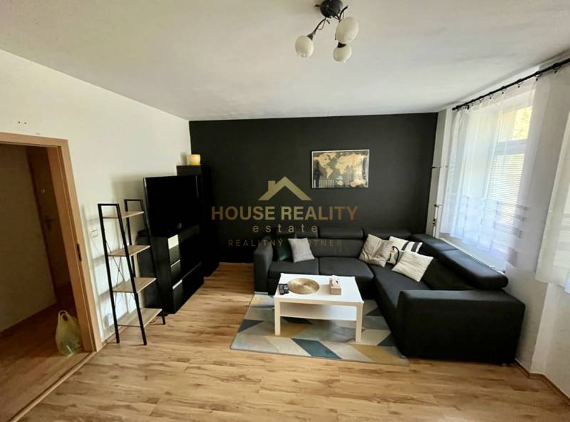 Living room in a two-room apartment with a sofa, table, and black wall.