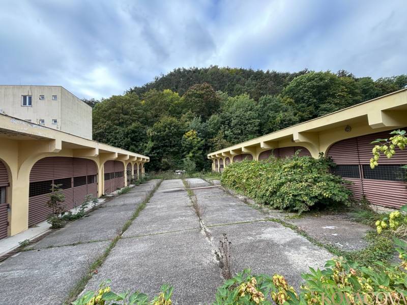 An abandoned complex of buildings near the forest with signs of neglect.