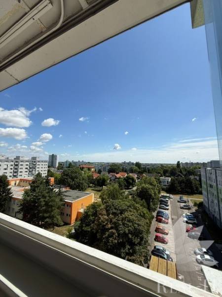 View from a 2-room apartment on Bučinova Street, Bratislava - Vrakuňa, with greenery and cars.