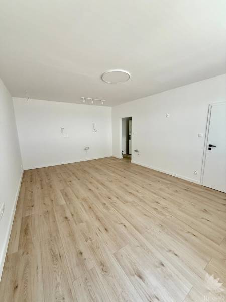 Empty bright interior of a 2-room apartment with wooden flooring and white walls.