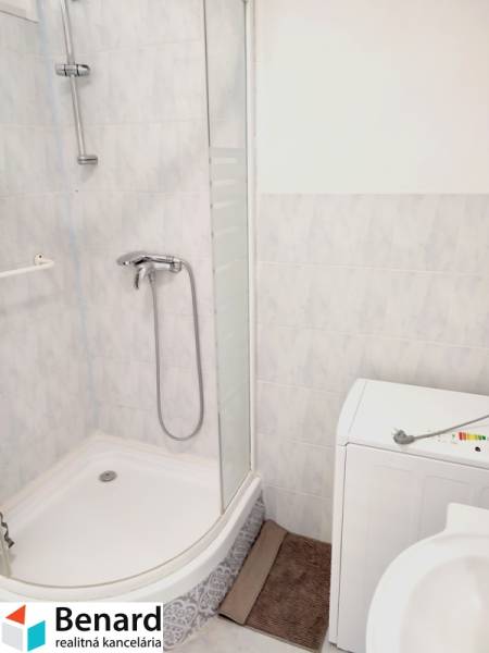 The bathroom in a 2-room apartment has a shower and a washing machine, with light-colored tiles.