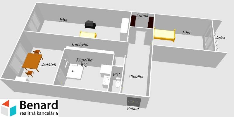 Floor plan of a 2-room apartment with a kitchen, dining room, bathroom, walk-in closet, and loggia.