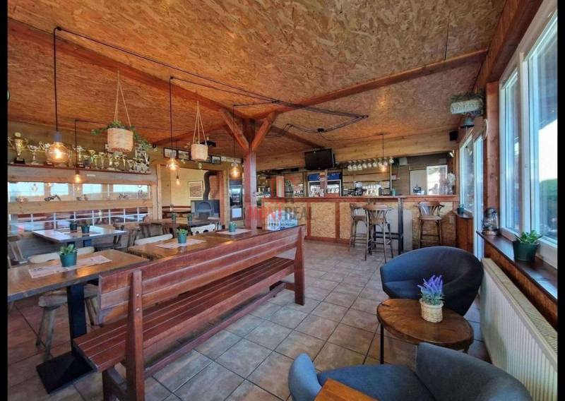 Gastro premises with wooden interior, tables, chairs, bar, and decorations on the walls.