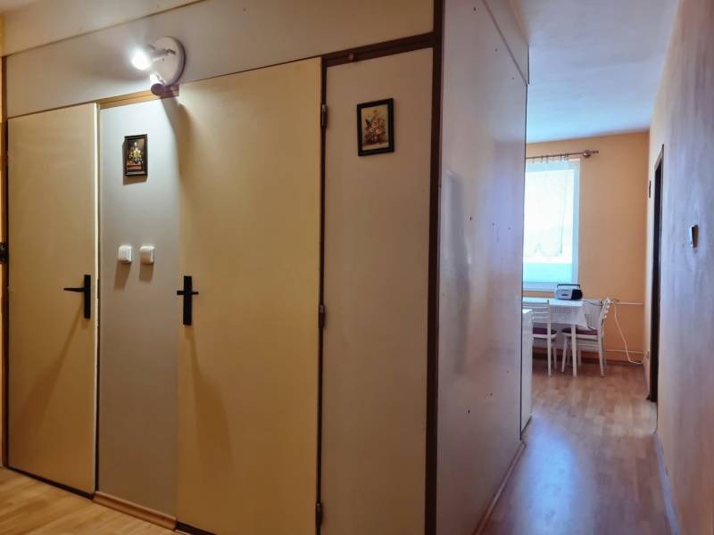 A hallway in a 2-room apartment with built-in cabinets and a view into the kitchen.