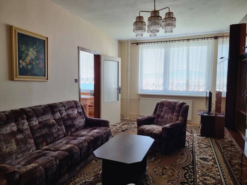 Living room: carpet, sofa set, armchair, painting, chandelier in a 2-room apartment.