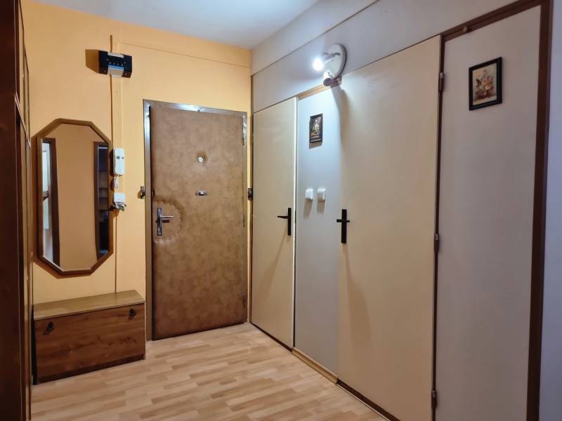 A hallway in a 2-room apartment with wooden furniture, a mirror, and security doors.