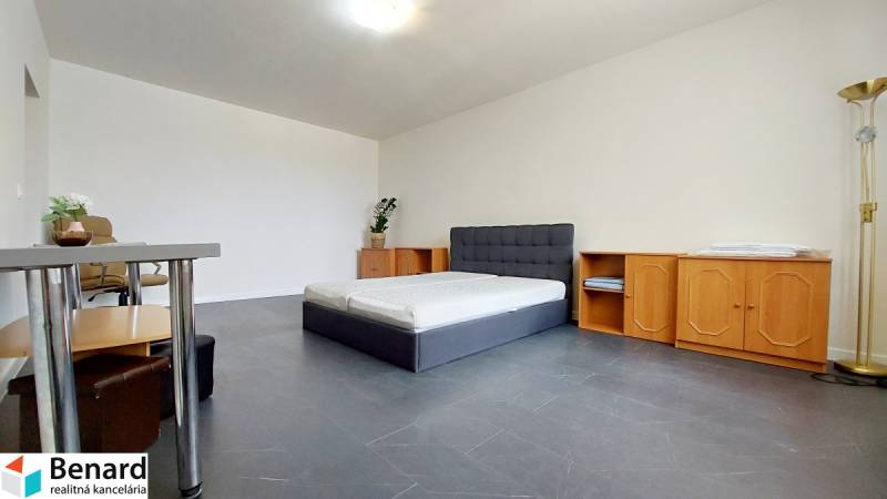 A bright room with a bed and furniture in a studio apartment offers comfortable living.