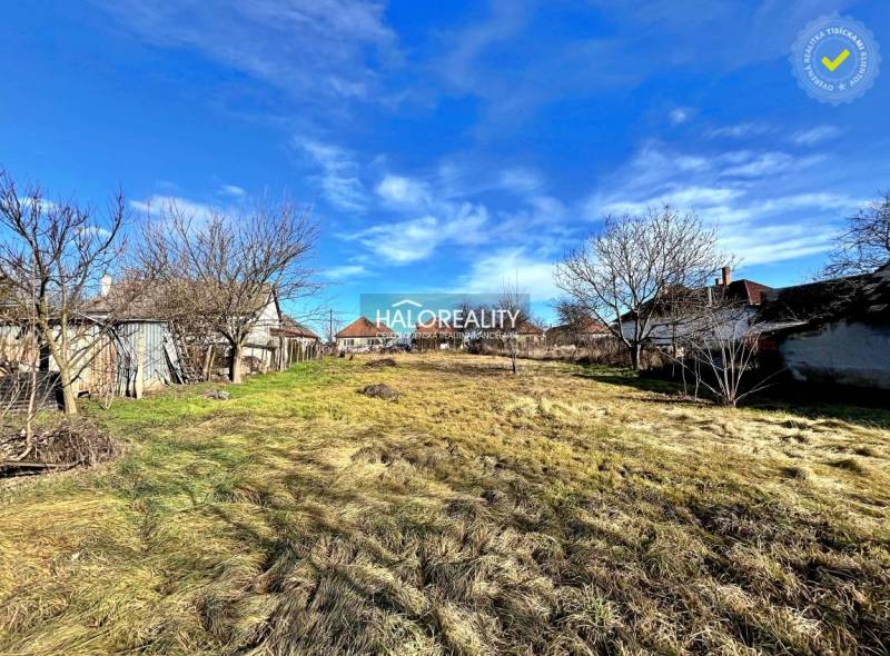 A residential plot in Veľké Ludince with trees and adjacent buildings under a blue sky.
