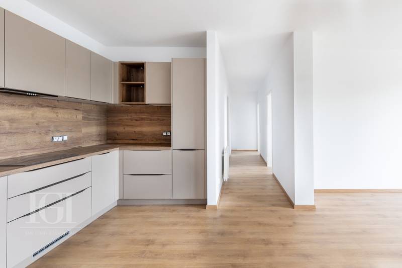 A kitchen with wooden elements and a hallway in a 3-room apartment, bright and minimalist solution.