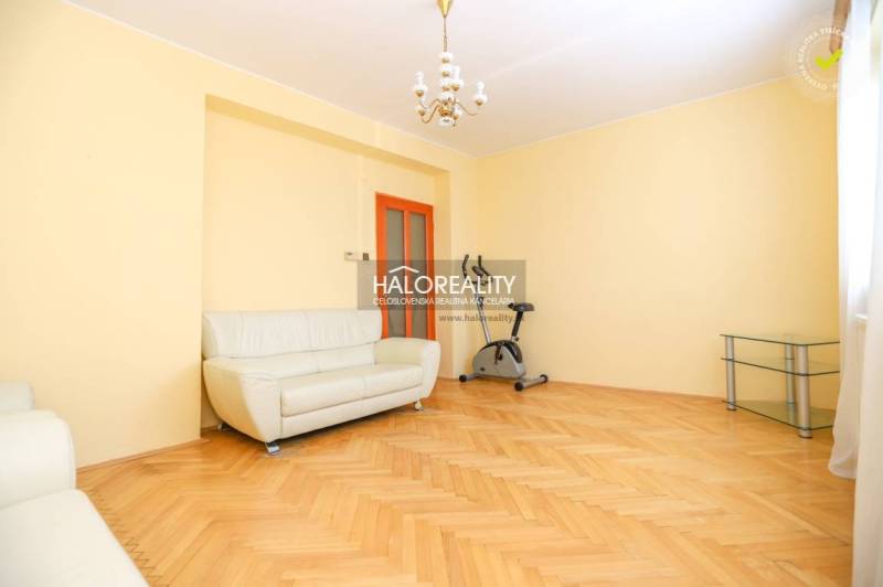 A bright living room in a three-room apartment with a sofa and an exercise bike.