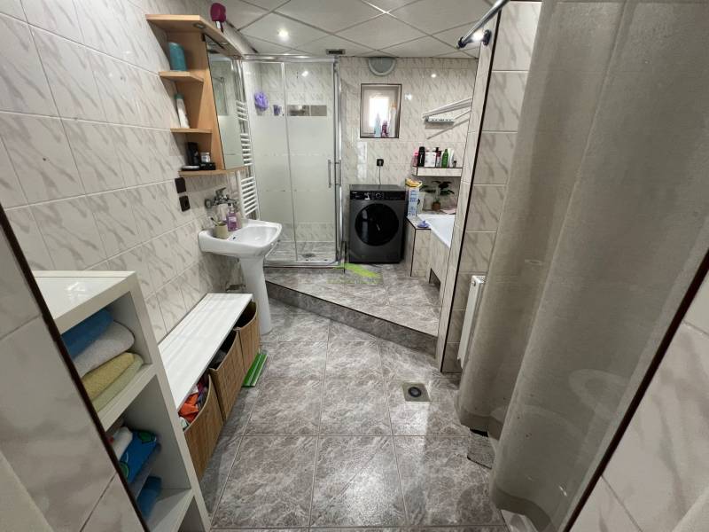 A bathroom in a family house with a washing machine, shower, and sink on the tiles.