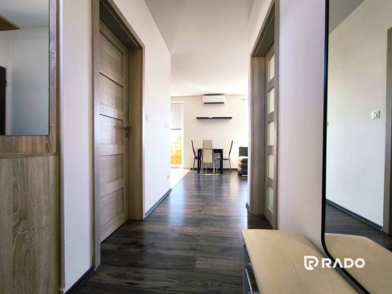 A hallway with a mirror and a view into the living room in a 2-room apartment.