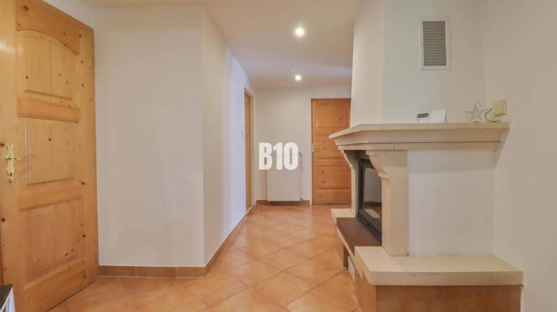 Hallway with a fireplace and wooden doors in a family house.