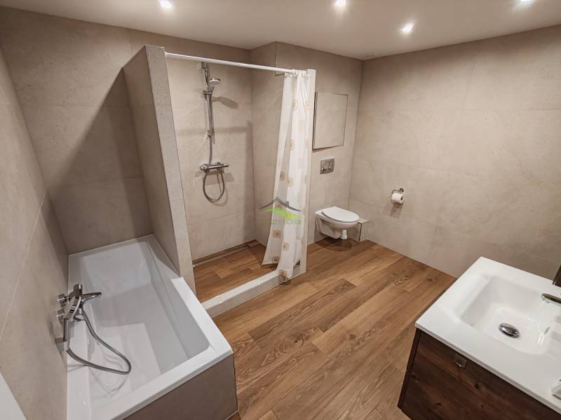 A bathroom in a two-room apartment with a bathtub, shower, sink, and toilet.