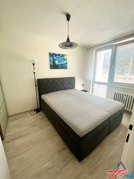 Bedroom in a 3-room apartment with a bed, art on the wall, and a large window.