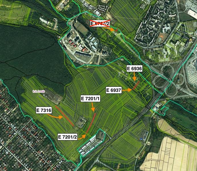 Aerial view of agricultural and forest land in the city districts of Košice, Luník IX.