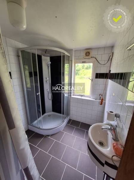 A bathroom with a corner shower and a sink in a cabin.