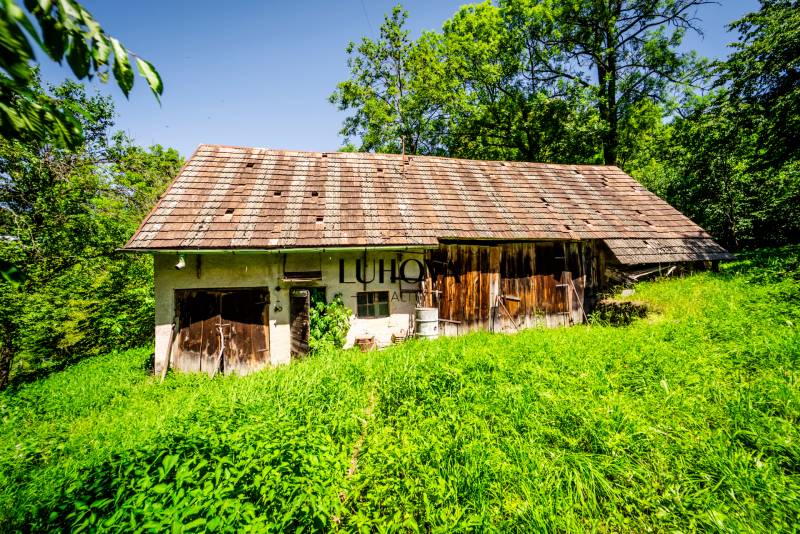 An old family house in Púchov surrounded by lush greenery and trees.