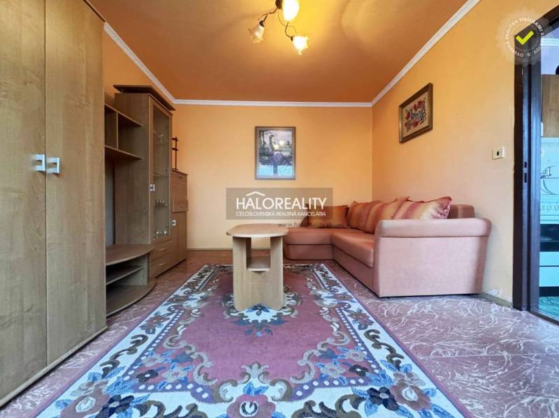 Living room with orange walls, a sofa, and a carpet in a studio apartment.