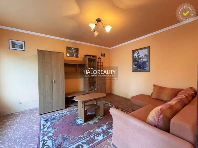 Living room in a studio apartment with orange walls, a sofa, and furniture.